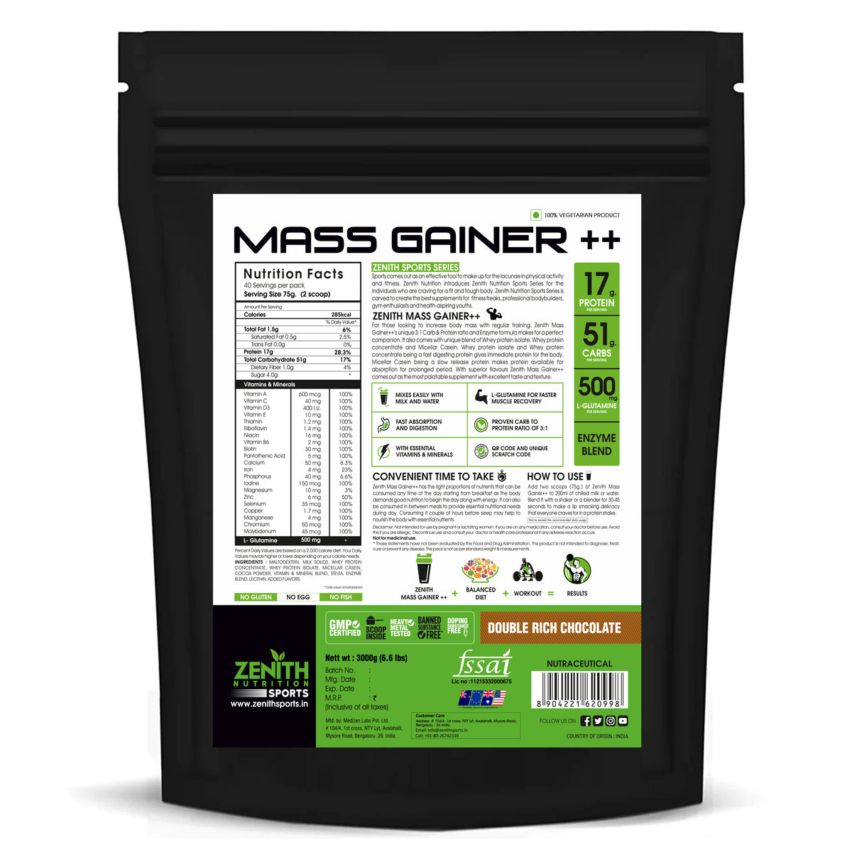 Mass Gainer 3kg Double Rich Chocolate — 50g Protein, Enzyme Blend, Lab-Tested India