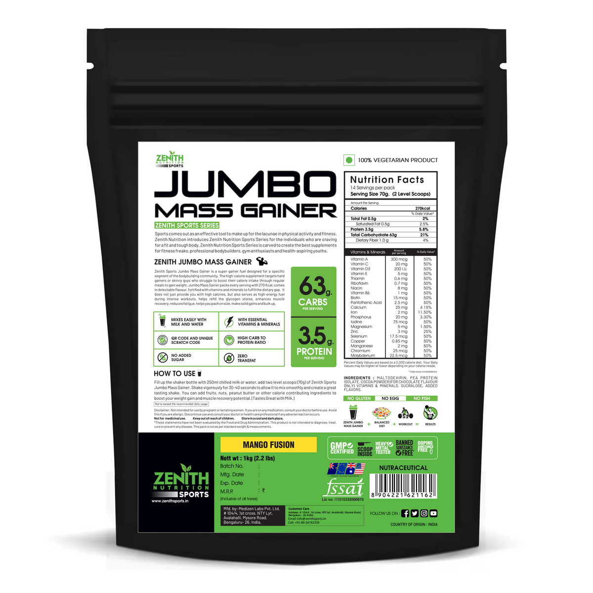 Jumbo Mass Gainer 1.5kg — 1,250 Calories &amp; 50g Protein per Serving (FSSAI Lab-Tested India)