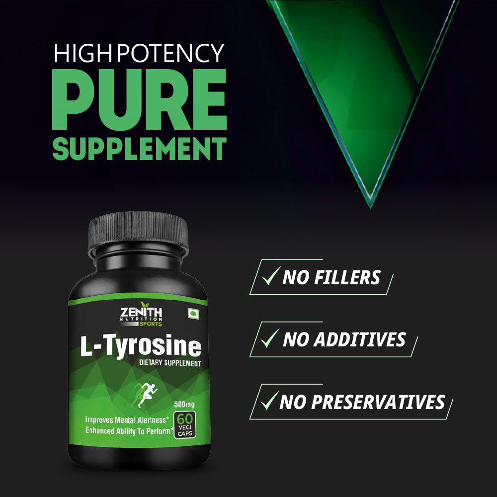 L-Tyrosine 500mg 60 Caps — Focus, Mental Energy & Stress Resilience (FSSAI Lab-Tested India)