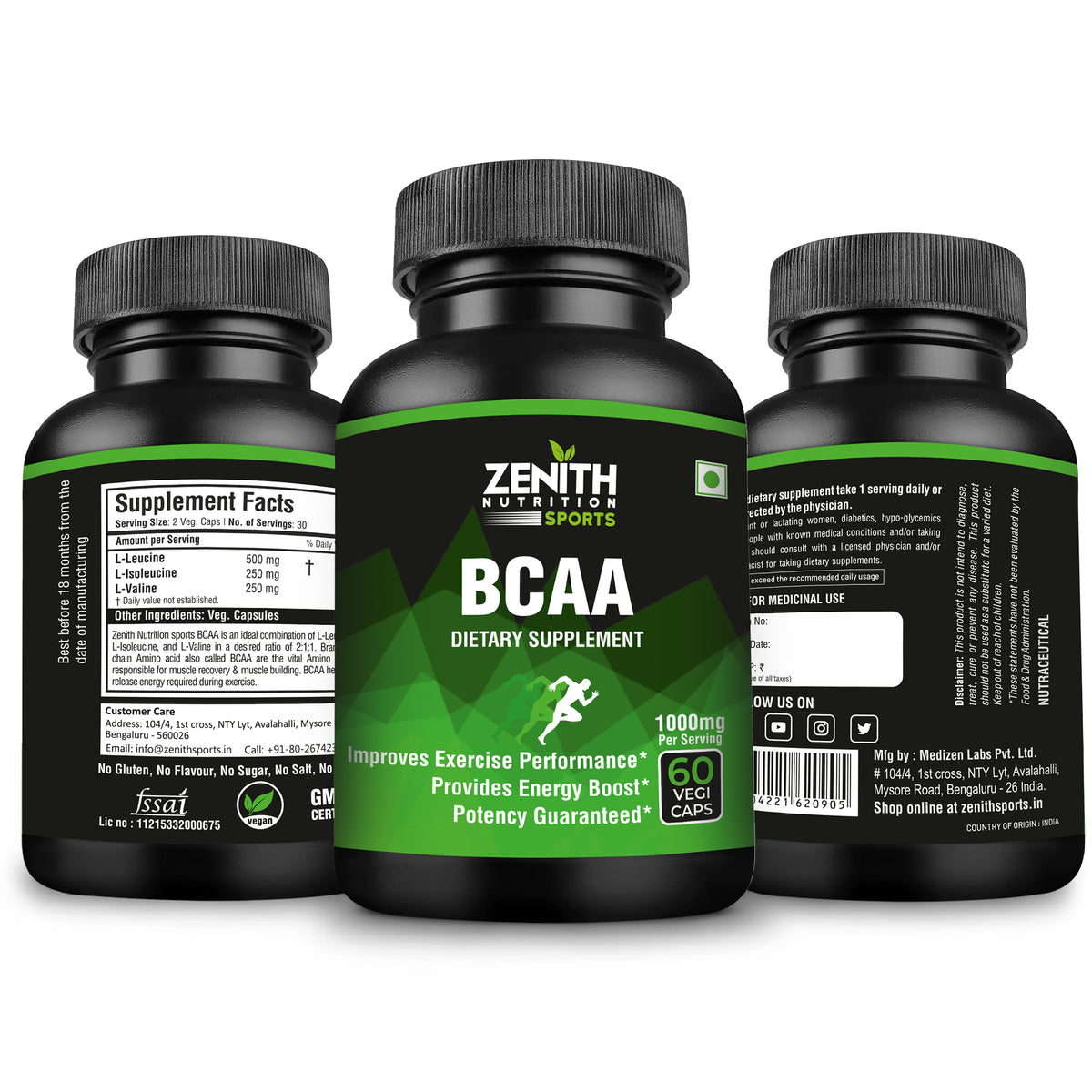 BCAA Capsules 60 VegiCaps — 2:1:1 Ratio for On-the-Go Recovery (FSSAI Lab-Tested India)