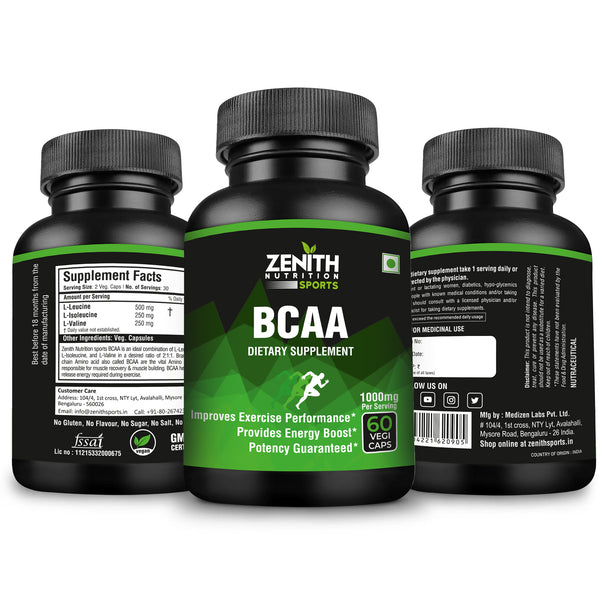 Zenith Sports BCAA - 60 VegiCaps | 1000mg per serving of 2 Capsules | Improves Athletic Performance | Increased Endurance | Optimizes Muscle Growth