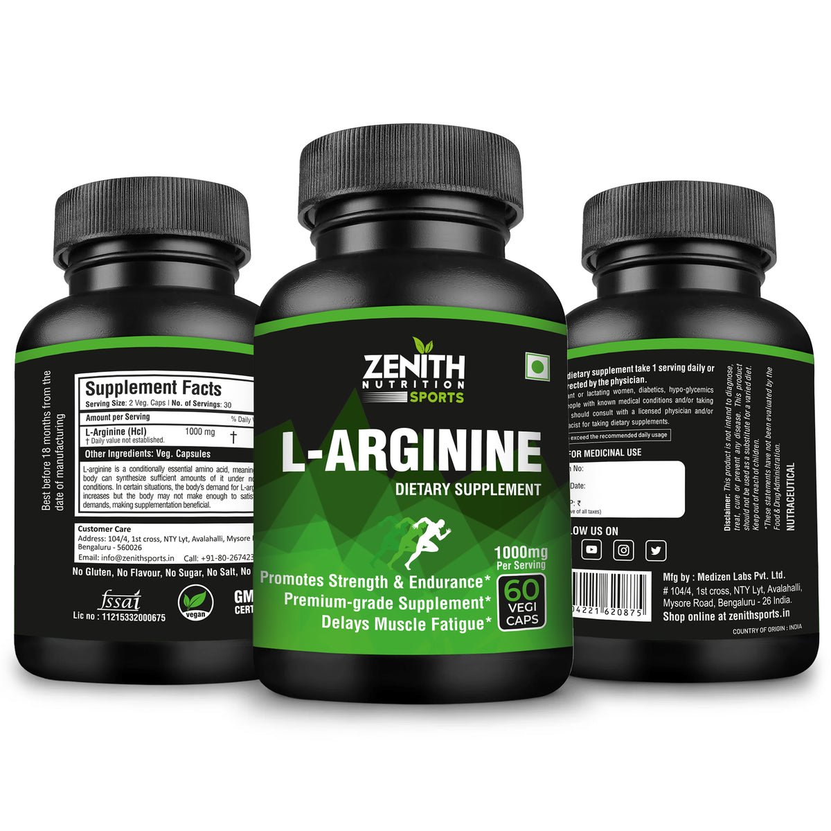 L-Arginine 1000mg 60 Veg Caps — Nitric Oxide Booster for Pumps, Stamina & Endurance (FSSAI Lab-Tested India)