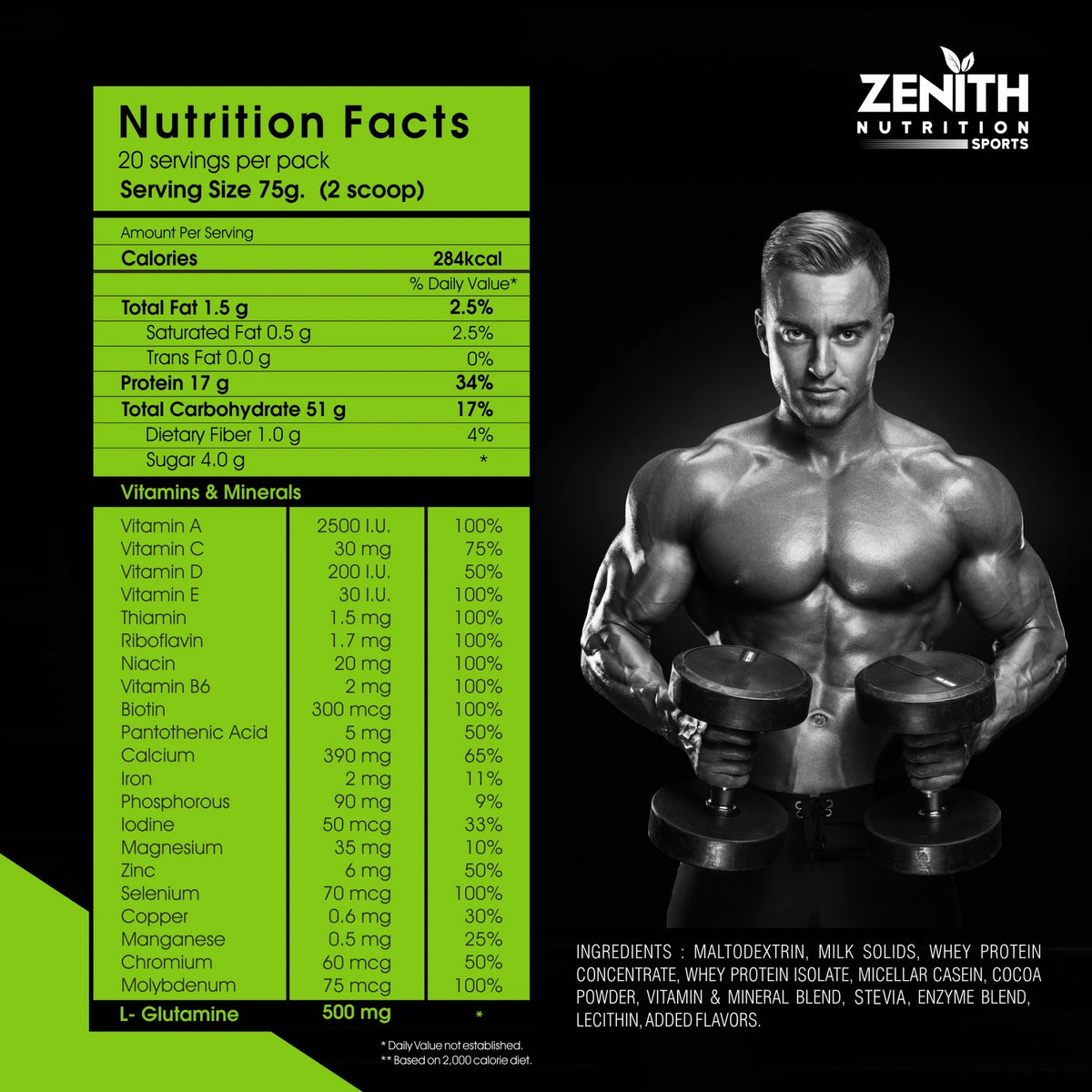 Zenith Sports Mass Gainer with Enzyme Blend — 17g Protein, 51g Carbs, FSSAI Lab-Tested (India)