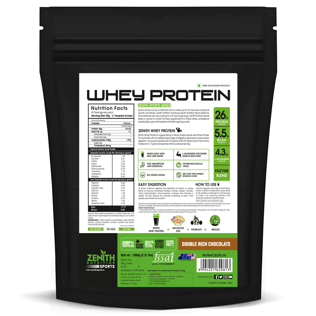 Zenith Sports Whey Protein Double Rich Chocolate 1kg — 26g Protein, 8-Enzyme Blend (FSSAI Lab-Tested)
