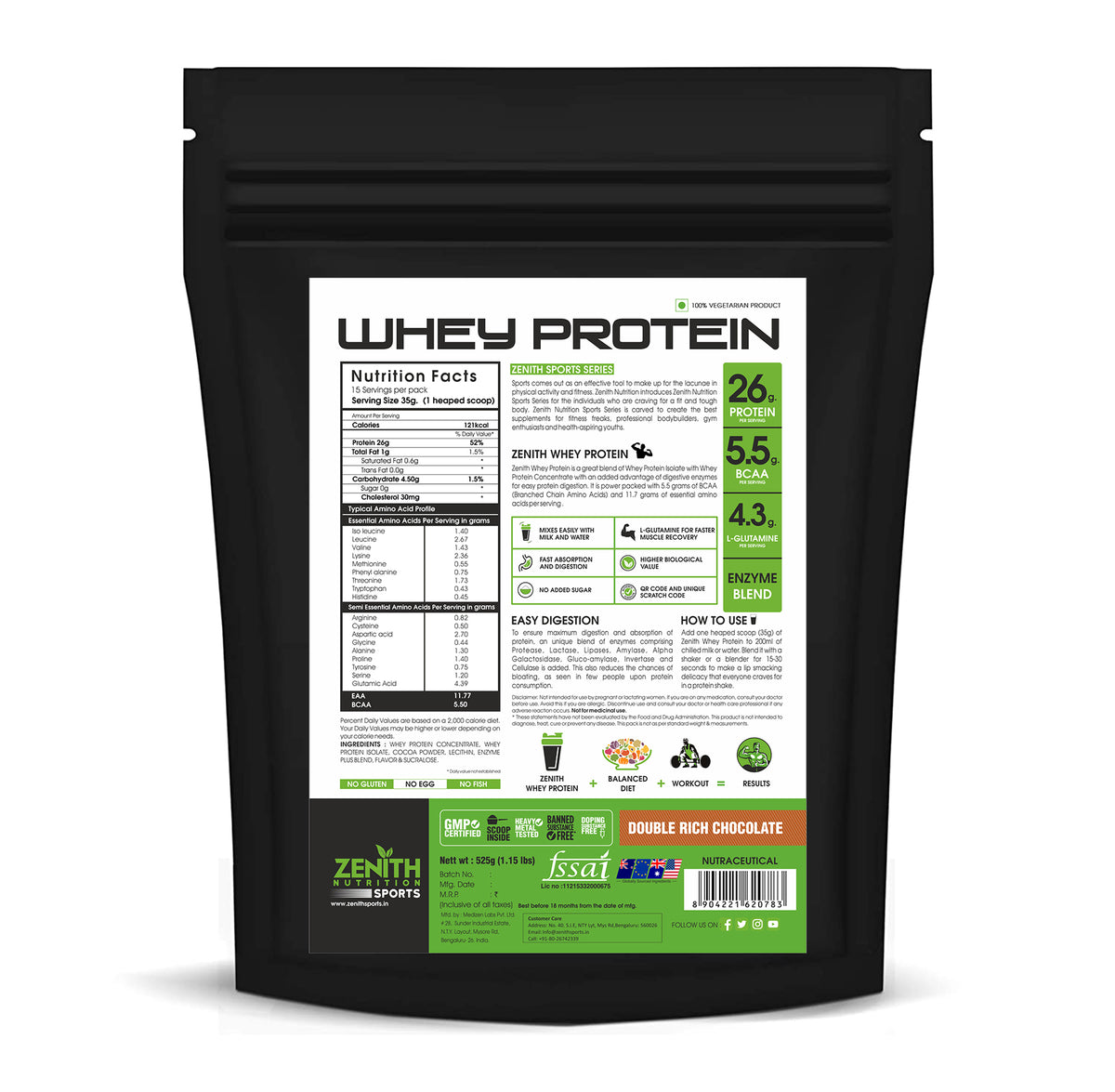 Zenith Sports Whey Protein Double Rich Chocolate 1kg — 26g Protein, 8-Enzyme Blend (FSSAI Lab-Tested)
