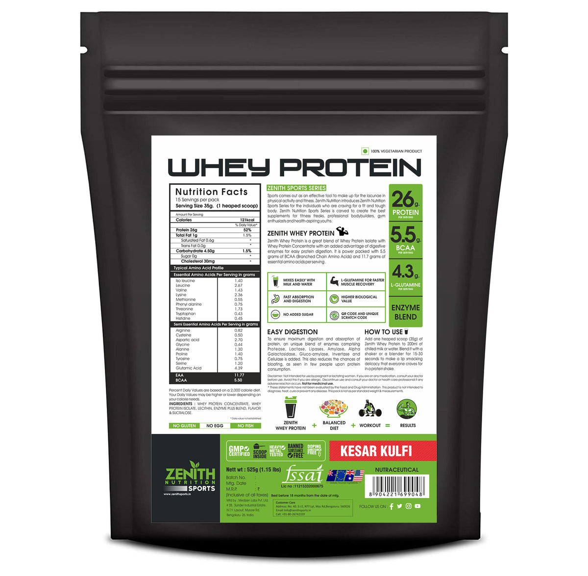 Zenith Sports Whey Protein Kesar Kulfi 1kg — 26g Protein, Saffron-Cardamom, FSSAI Lab-Tested