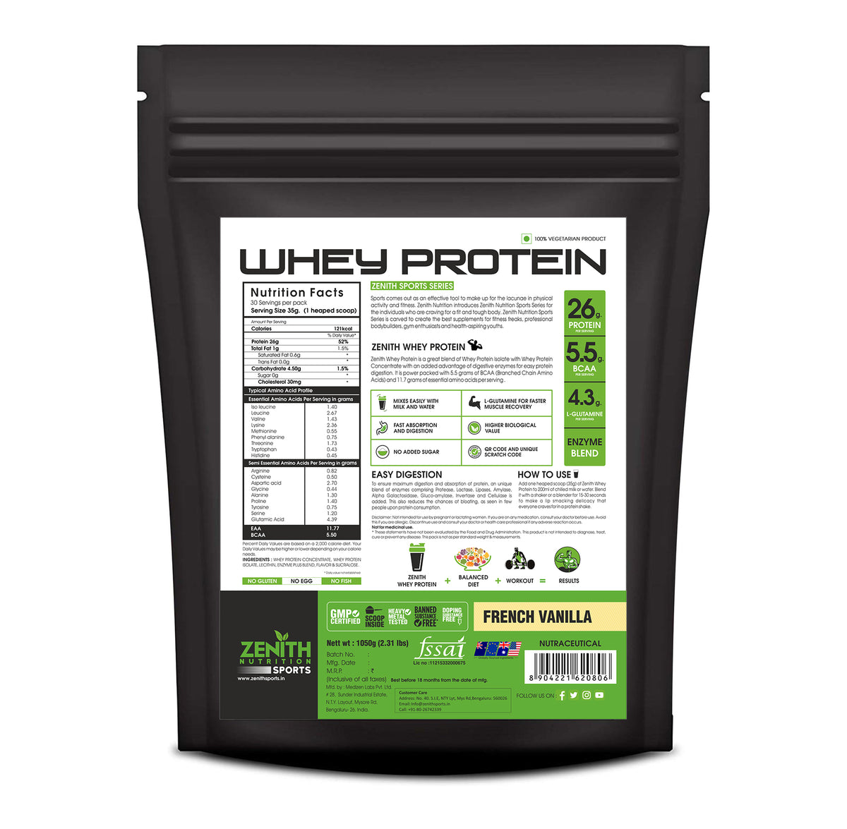 Zenith Sports Whey Protein French Vanilla 1kg — 26g Protein, 8-Enzyme Blend (FSSAI Lab-Tested)