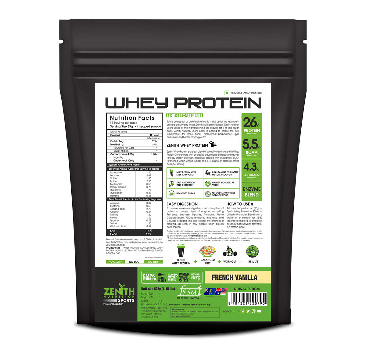 Zenith Sports Whey Protein French Vanilla 1kg — 26g Protein, 8-Enzyme Blend (FSSAI Lab-Tested)