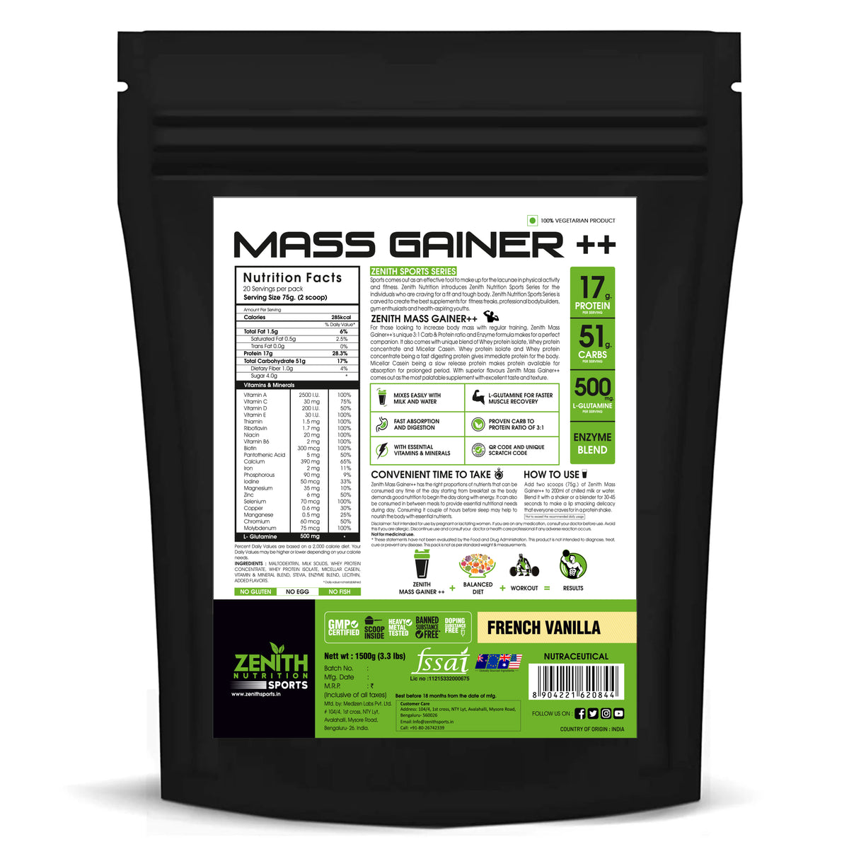 Mass Gainer++ French Vanilla — 60g Protein, Premium Calories Per Scoop (FSSAI Lab-Tested India)