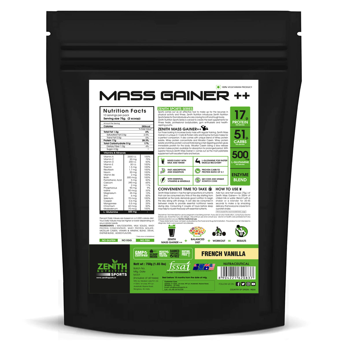 Mass Gainer++ French Vanilla — 60g Protein, Premium Calories Per Scoop (FSSAI Lab-Tested India)