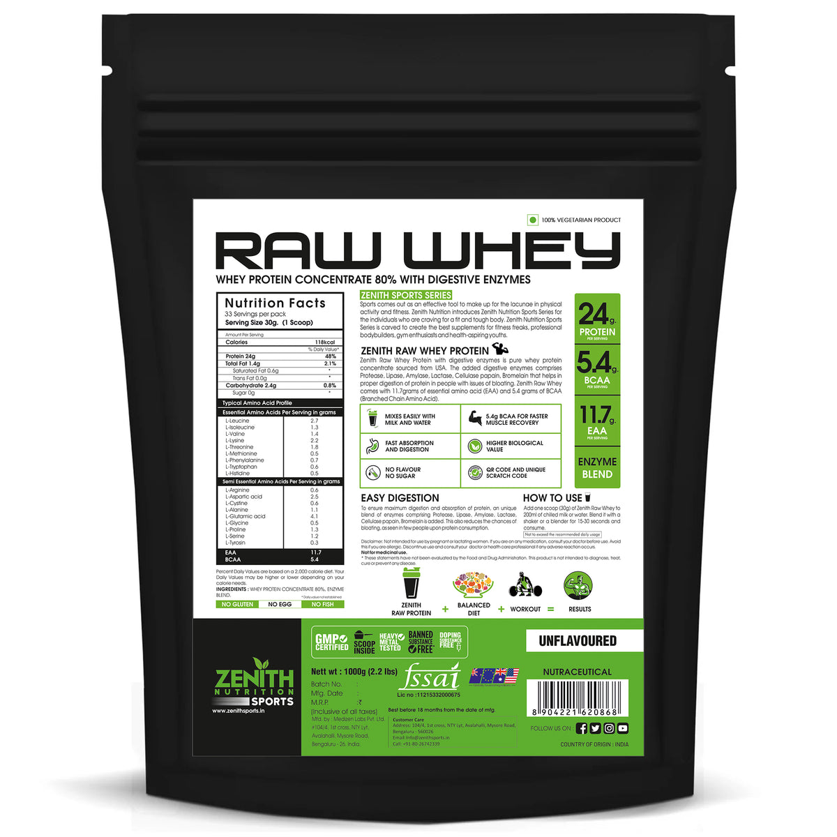 Zenith Sports Raw Whey Protein 80% Unflavoured 1kg — 24g Protein, USA-Imported Whey, FSSAI Lab-Tested
