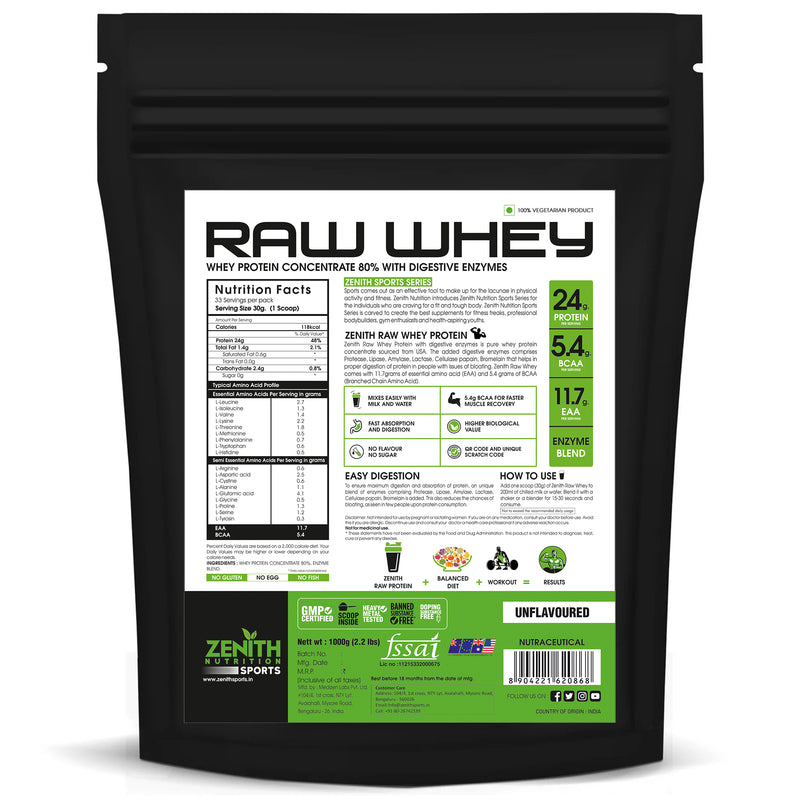 Zenith Sports Raw Whey Protein 80% | with Digestive Enzymes (Unflavoured) 1 KG