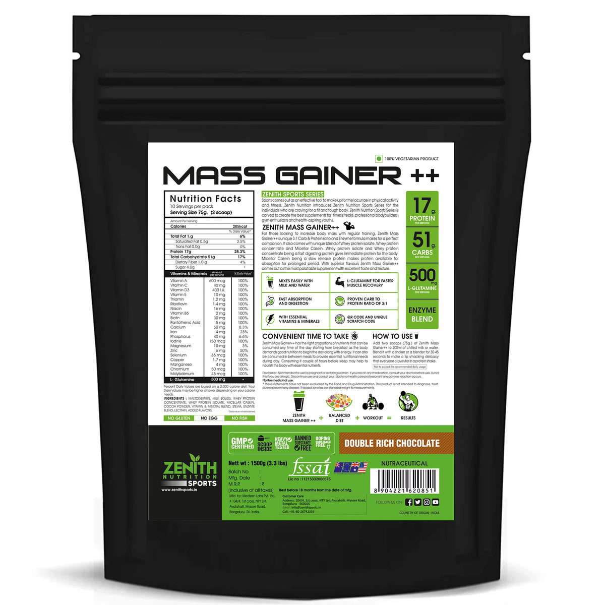 Zenith Sports Mass Gainer with Enzyme Blend — 17g Protein, 51g Carbs, FSSAI Lab-Tested (India)