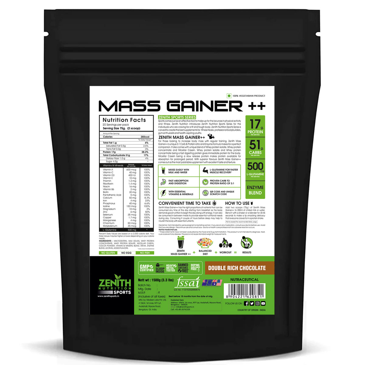Zenith Sports Mass Gainer with Enzyme Blend — 17g Protein, 51g Carbs, FSSAI Lab-Tested (India)