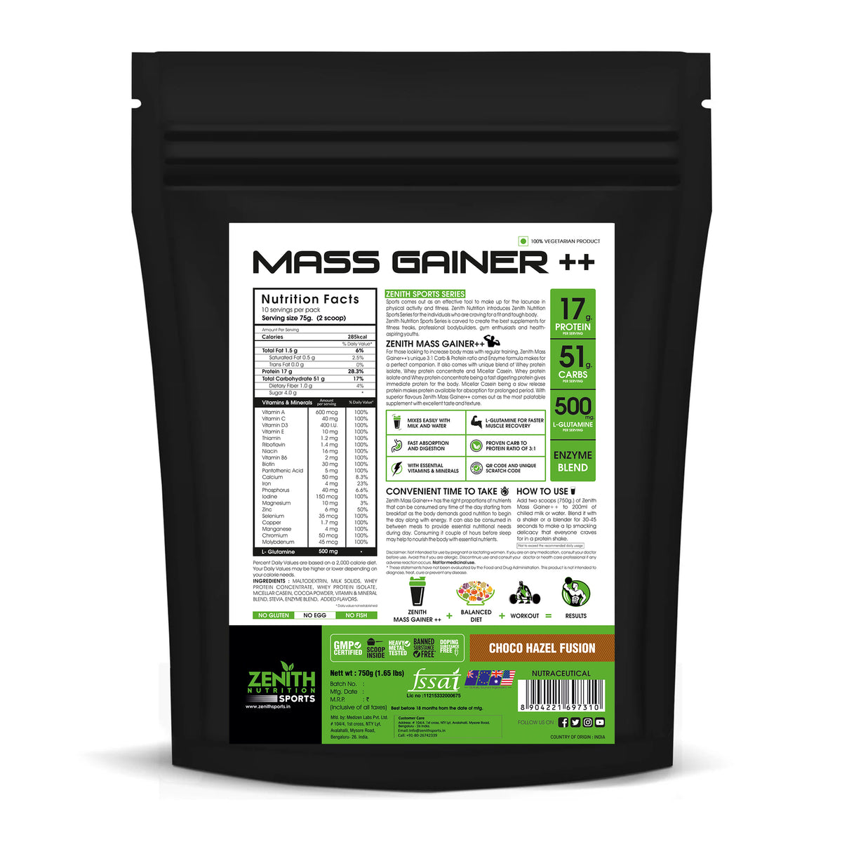 Zenith Sports Mass Gainer with Enzyme Blend — 17g Protein, 51g Carbs, FSSAI Lab-Tested (India)
