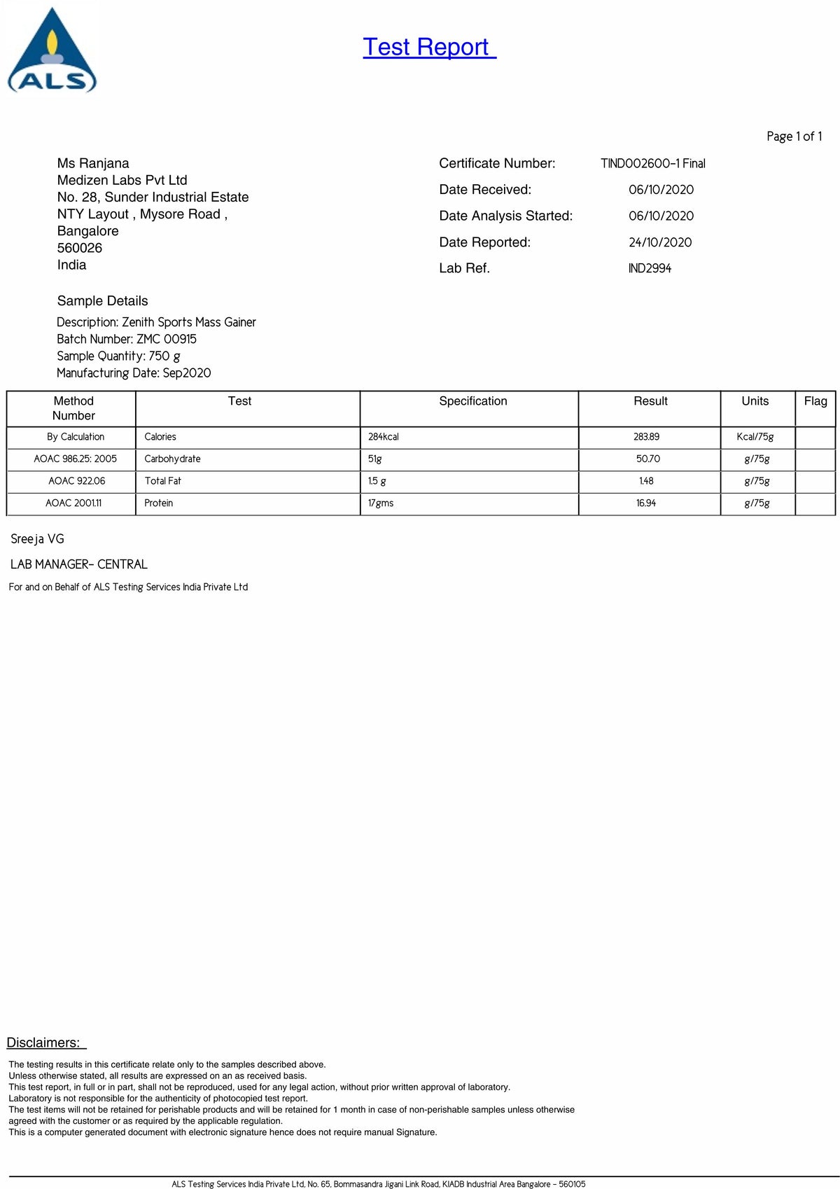 lab test for mass gainer